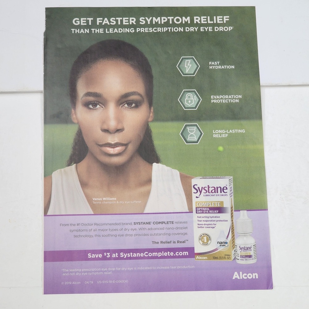 Venus Williams Systane Alcon 2019 Print Ad Original Color Magazine Clipping 8x11